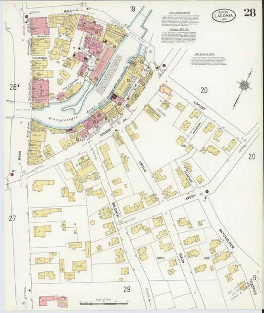 Sanborn Fire Insurance Map from Laconia, Belknap County, New Hampshire (1911), Sheet #0028 - Historic Sanborn Fire Insurance Map Print, vintage old map wall art, antique decor, genealogy gift, New Hampshire New Hampshire map