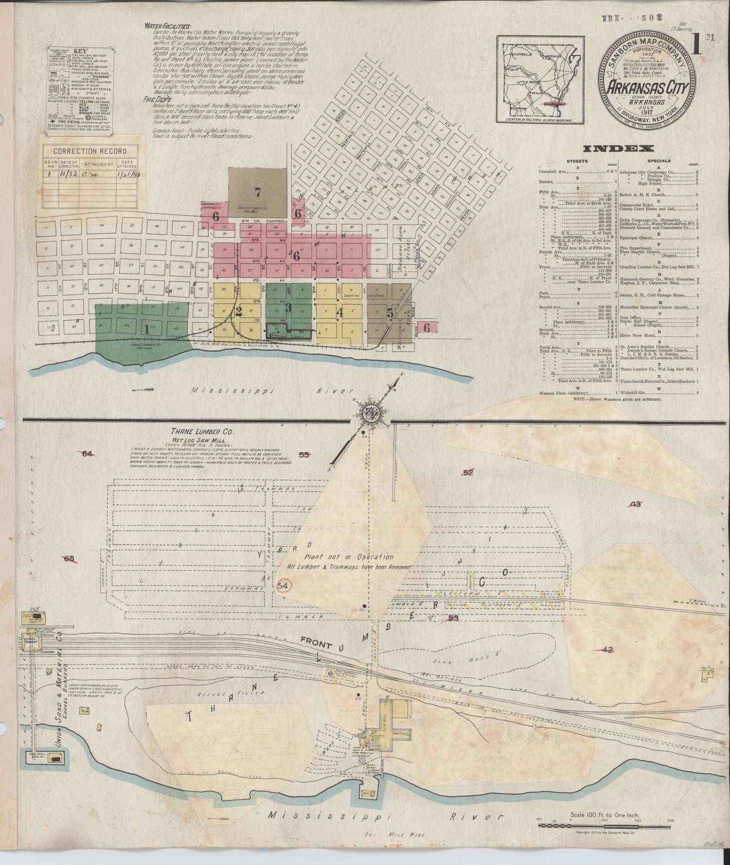 Sanborn Fire Insurance Map from Arkansas City, Desha County, Arkansas (1932), Sheet #0001 - Historic Sanborn Fire Insurance Map Print, vintage old map wall art, antique decor, genealogy gift, Arkansas Arkansas map