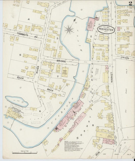 Sanborn Fire Insurance Map from Rochester, Strafford County, New Hampshire (1887), Sheet #0002 - Historic Sanborn Fire Insurance Map Print, vintage old map wall art, antique decor, genealogy gift, New Hampshire New Hampshire map