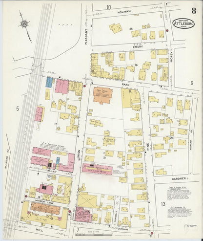 Sanborn Fire Insurance Map from Attleboro, Bristol County, Massachusetts (1916), Sheet #0008 - Complete Map Set gallery image, historic Sanborn map, vintage wall art, Massachusetts Massachusetts