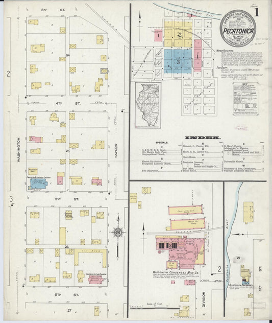 Sanborn Fire Insurance Map from Pecatonica, Winnebago County, Illinois (1912), Sheet #0001 - Complete Map Set gallery image, historic Sanborn map, vintage wall art, Illinois Illinois