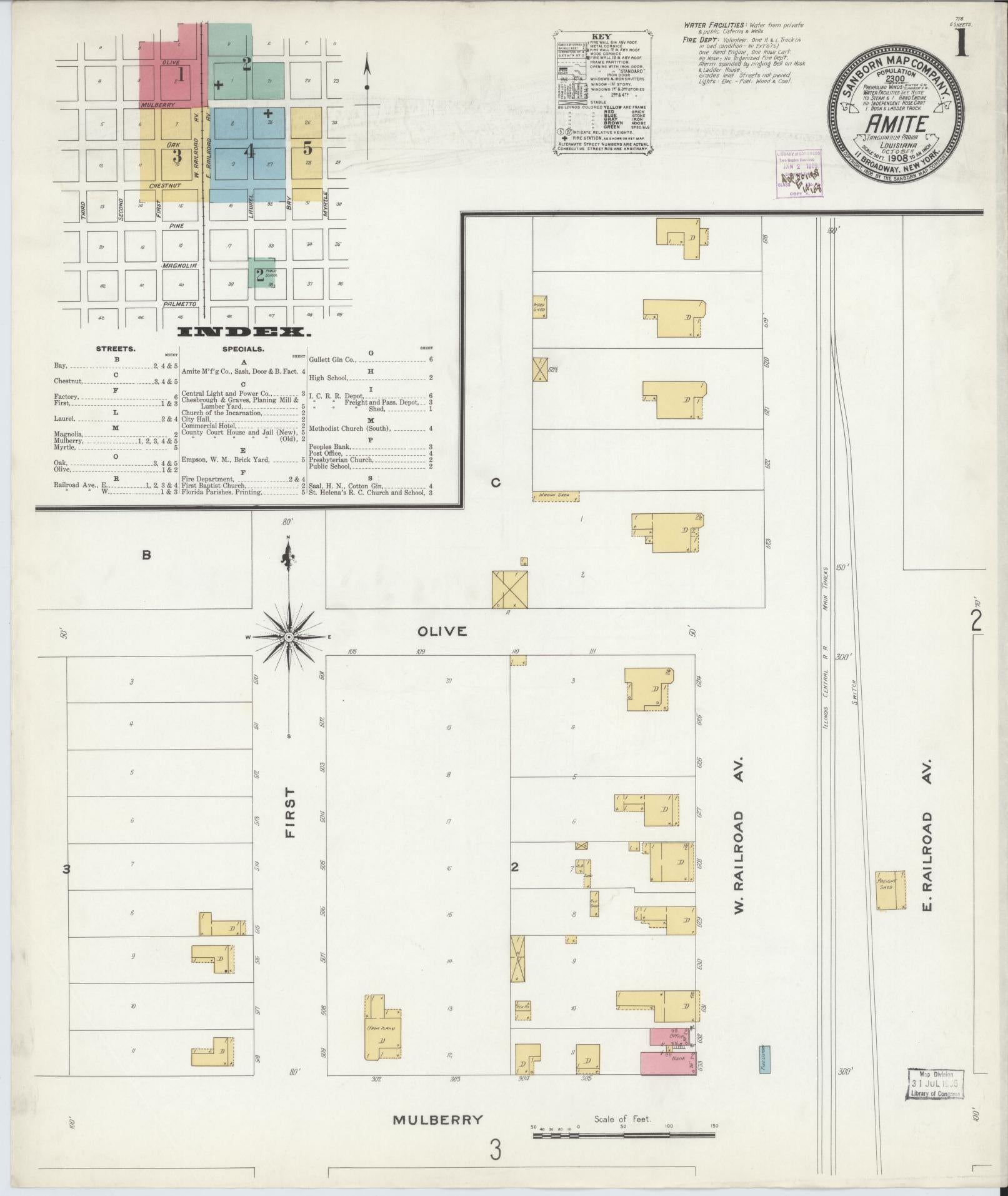 Sanborn Fire Insurance Map from Amite, Tangipahoa Parish, Louisiana (1908), Sheet #0001 - Historic Sanborn Fire Insurance Map Print, vintage old map wall art, antique decor, genealogy gift, Louisiana Louisiana map
