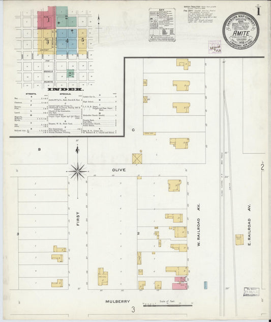 Sanborn Fire Insurance Map from Amite, Tangipahoa Parish, Louisiana (1908), Sheet #0001 - Historic Sanborn Fire Insurance Map Print, vintage old map wall art, antique decor, genealogy gift, Louisiana Louisiana map