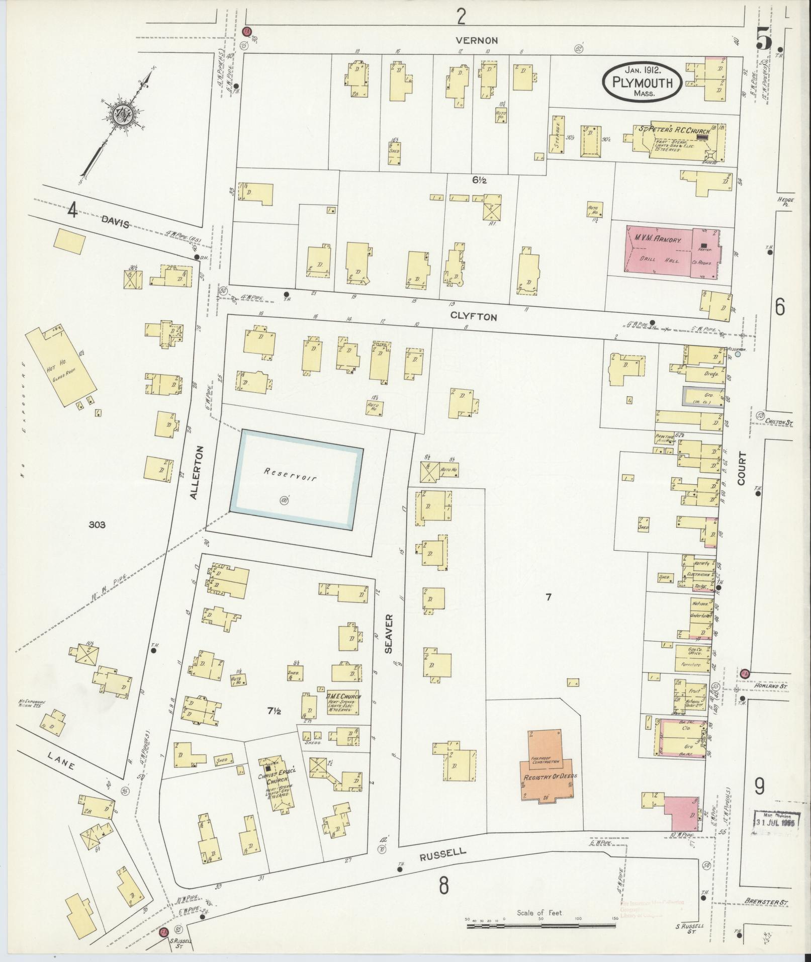 Sanborn Fire Insurance Map from Plymouth, Plymouth County, Massachusetts (1912), Sheet #0005 - Historic Sanborn Fire Insurance Map Print, vintage old map wall art, antique decor, genealogy gift, Massachusetts Massachusetts map