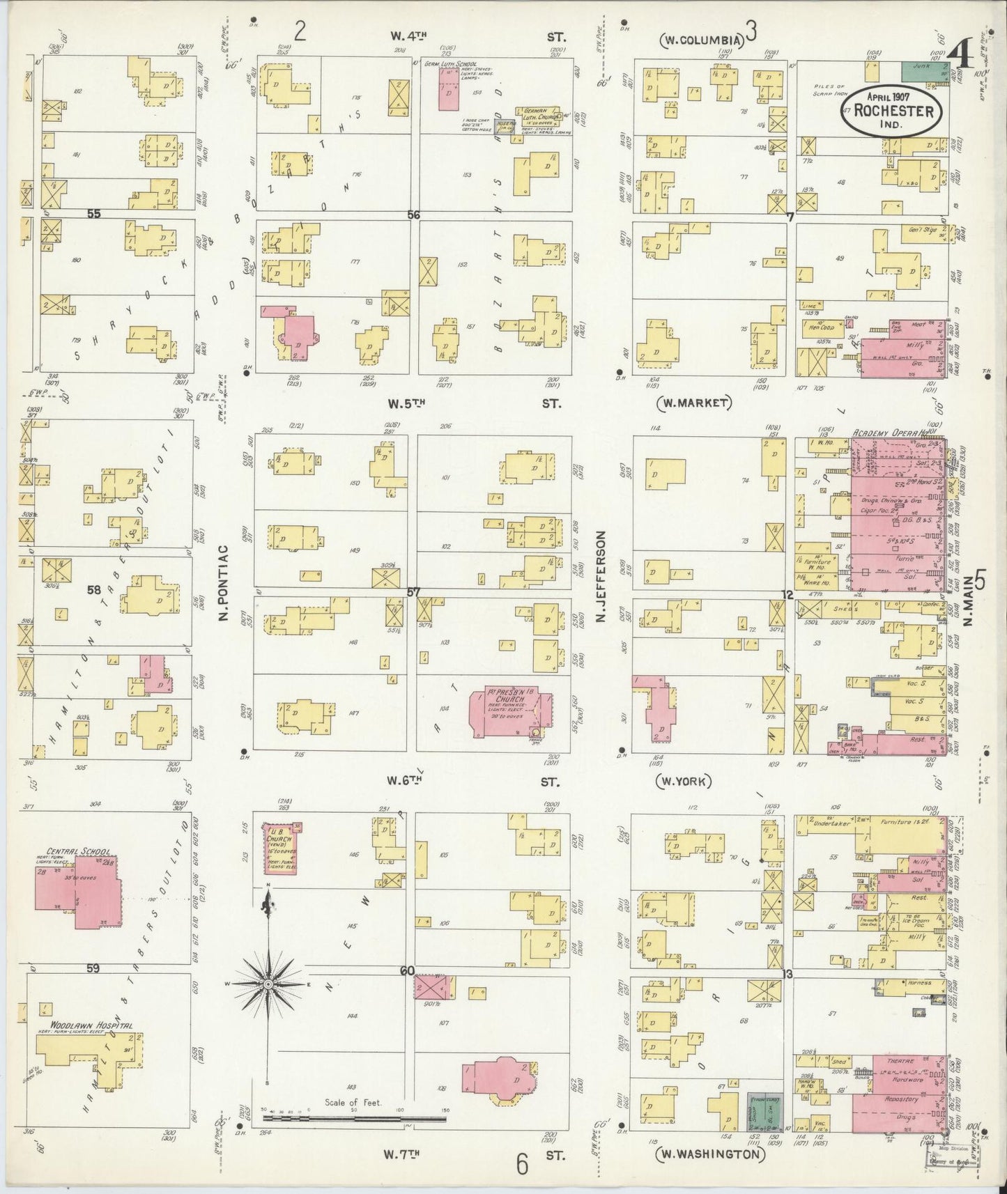 Sanborn Fire Insurance Map from Rochester, Fulton County, Indiana (1907), Sheet #0004 - Complete Map Set gallery image, historic Sanborn map, vintage wall art, Indiana Indiana