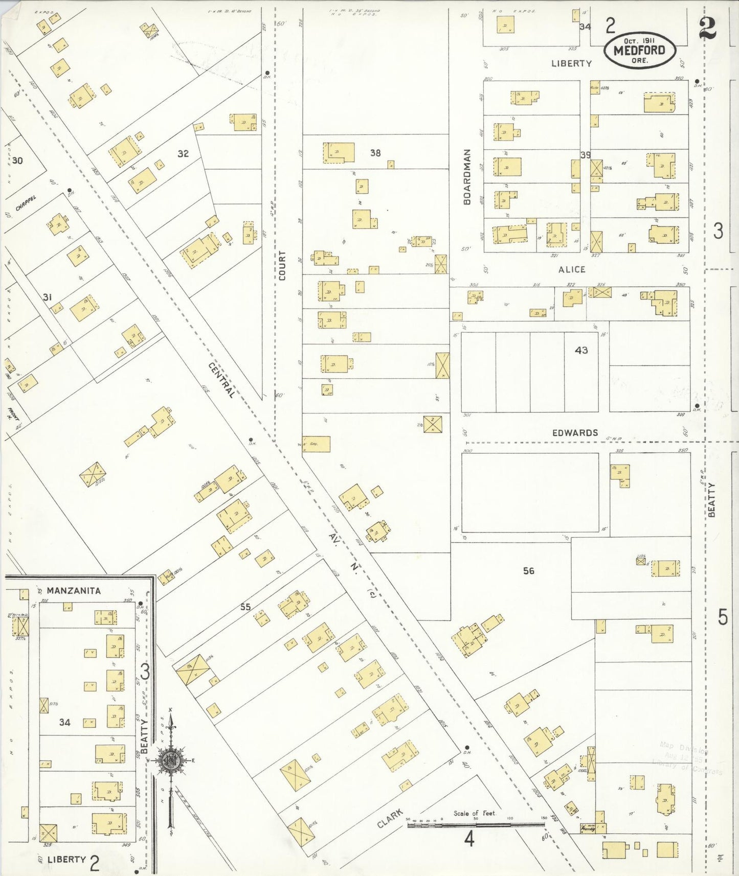 Sanborn Fire Insurance Map from Medford, Jackson County, Oregon (1911), Sheet #0002 - Historic Sanborn Fire Insurance Map Print, vintage old map wall art, antique decor, genealogy gift, Oregon Oregon map