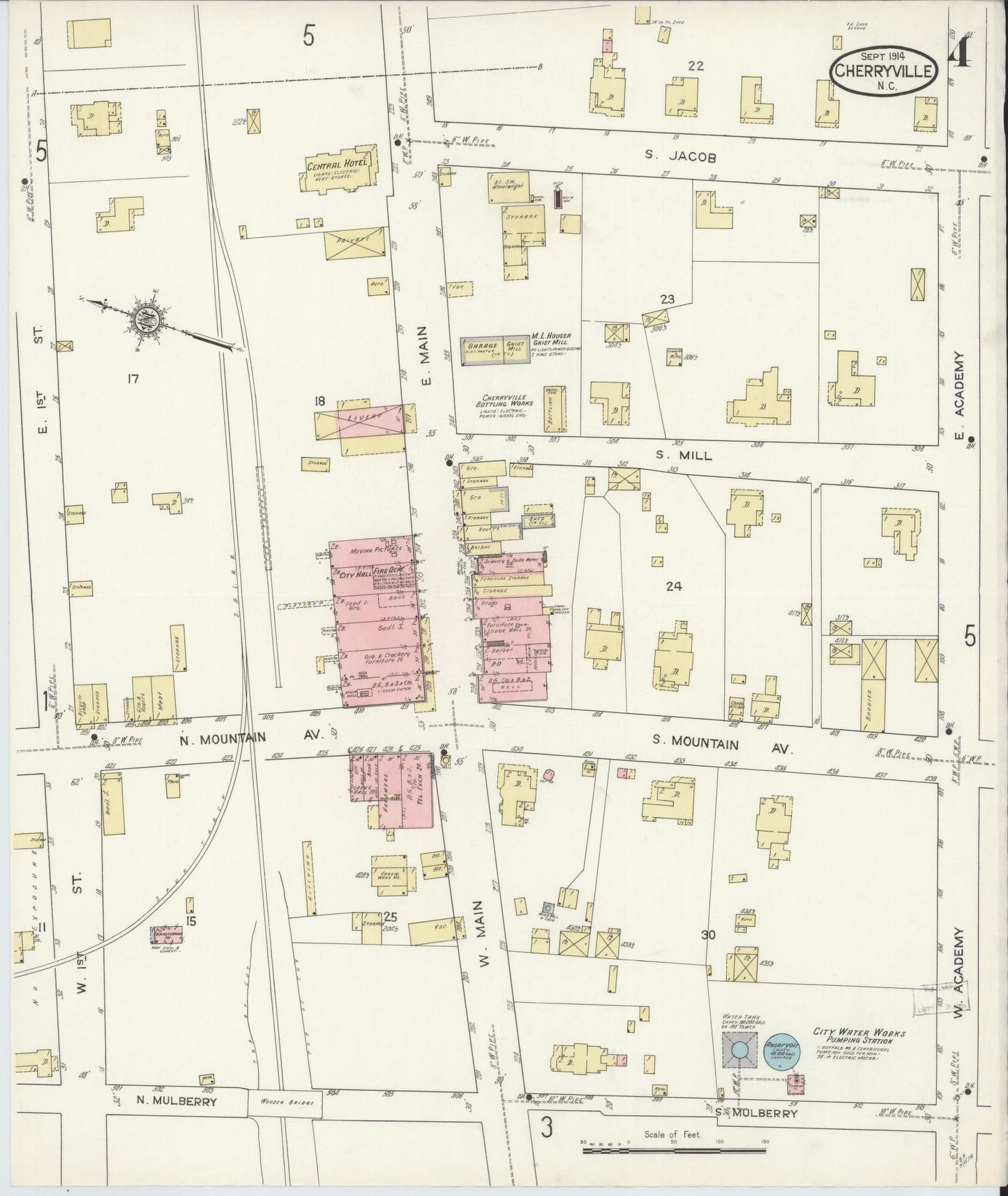 Sanborn Fire Insurance Map from Cherryville, Gaston County, North Carolina (1914), Sheet #0004 - Complete Map Set gallery image, historic Sanborn map, vintage wall art, North Carolina North Carolina