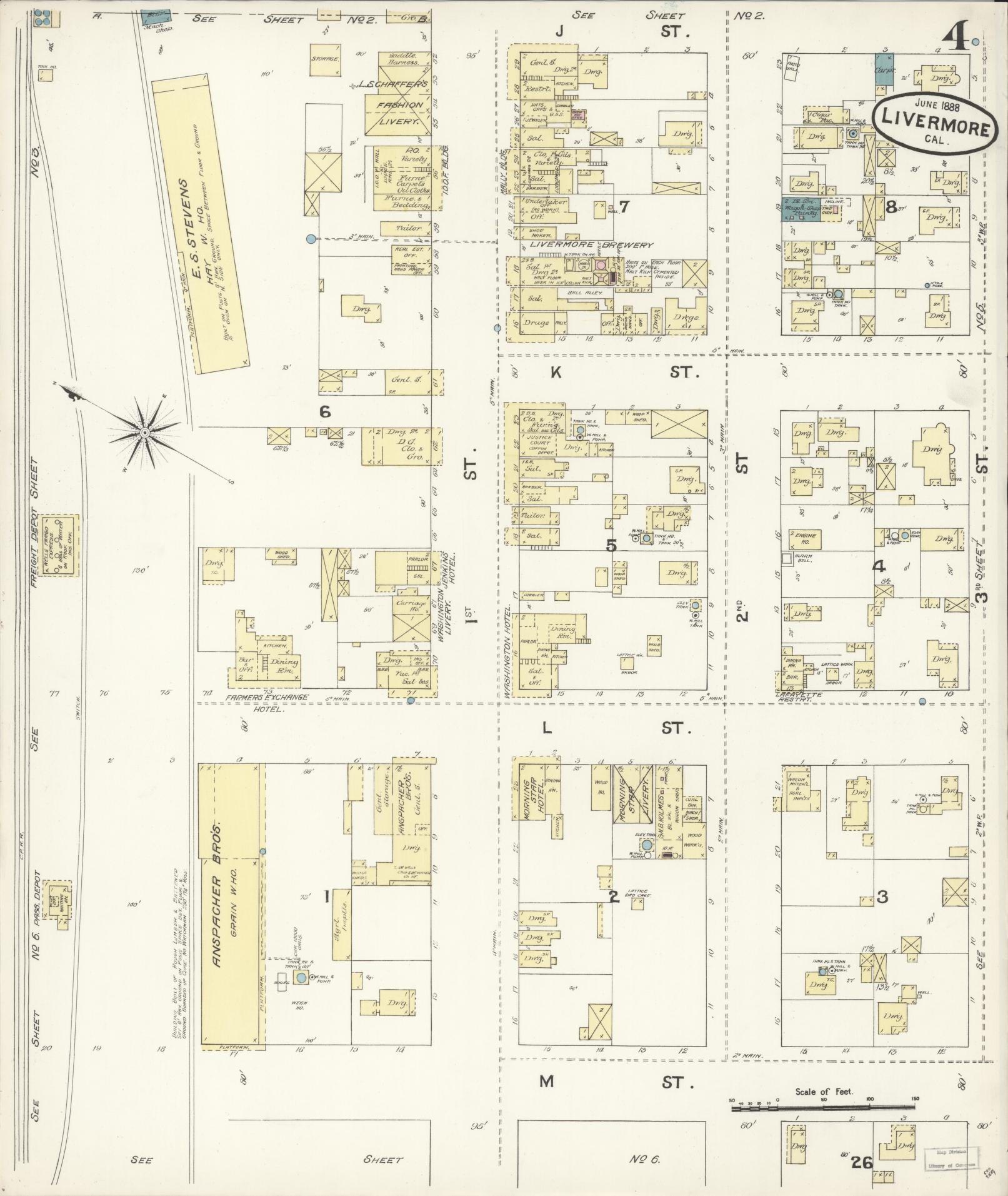 Sanborn Fire Insurance Map from Livermore, Alameda County, California (1888), Sheet #0004 - Historic Sanborn Fire Insurance Map Print, vintage old map wall art, antique decor, genealogy gift, California California map
