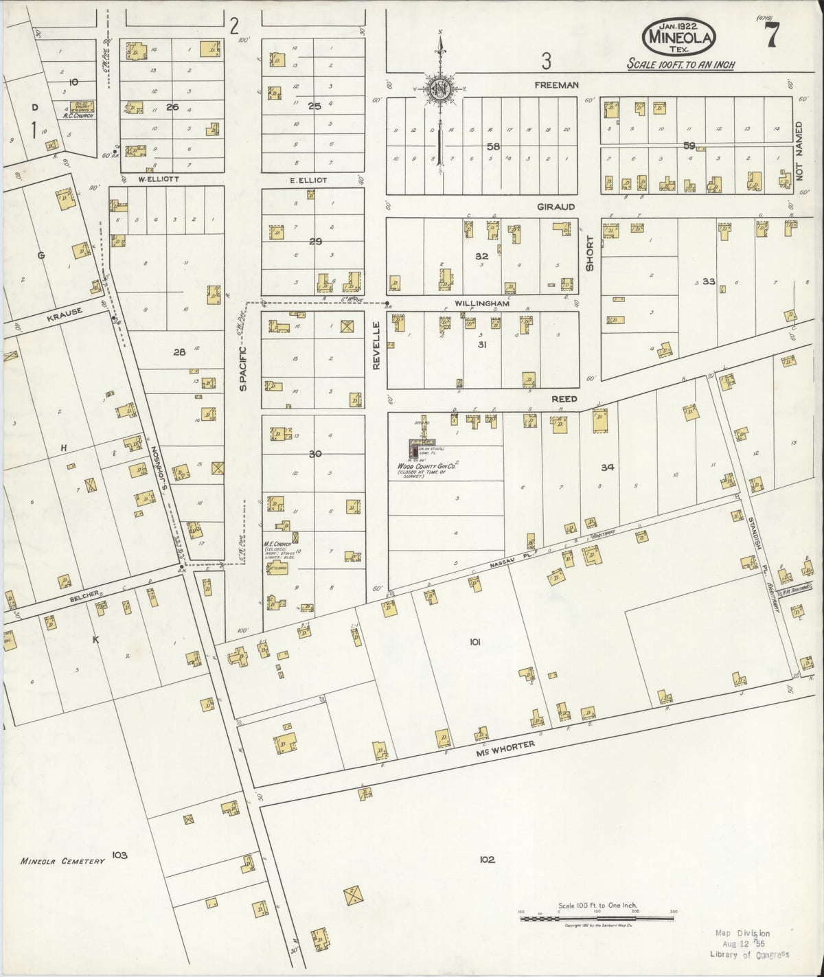 Sanborn Fire Insurance Map from Mineola, Wood County, Texas (1922), Sheet #0007 - Complete Map Set gallery image, historic Sanborn map, vintage wall art, Texas Texas