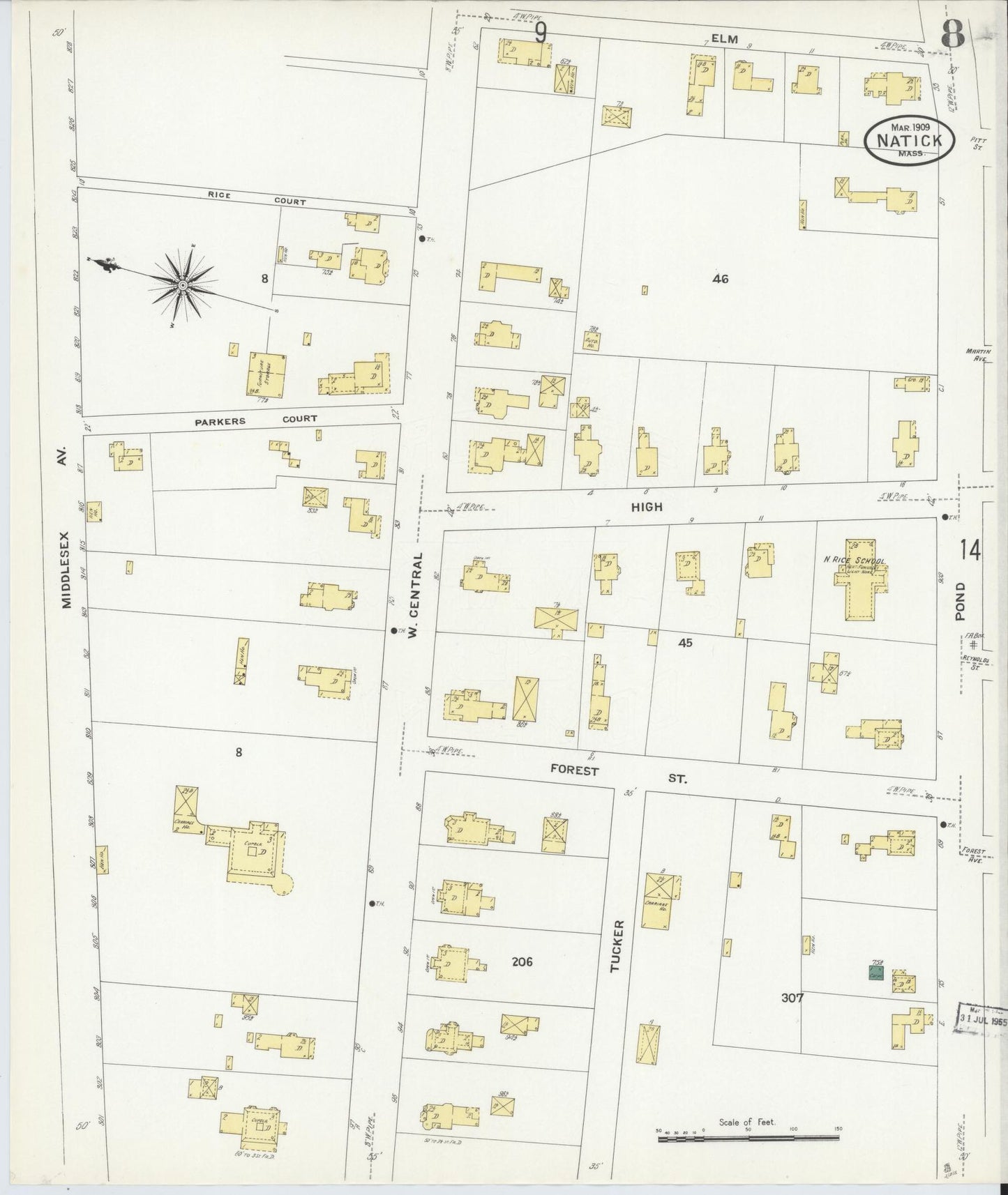 Sanborn Fire Insurance Map from Natick, Middlesex County, Massachusetts (1909), Sheet #0008 - Complete Map Set gallery image, historic Sanborn map, vintage wall art, Massachusetts Massachusetts