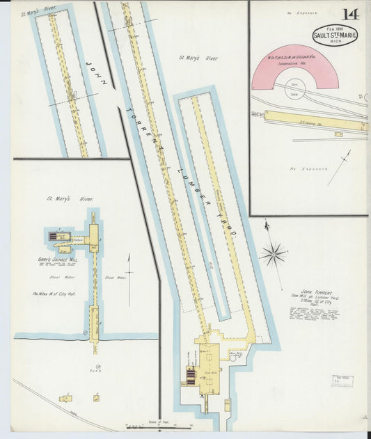 Sanborn Fire Insurance Map from Sault Sainte Marie, Chippewa County, Michigan (1895), Sheet #0014 - Historic Sanborn Fire Insurance Map Print, vintage old map wall art, antique decor, genealogy gift, Michigan Michigan map