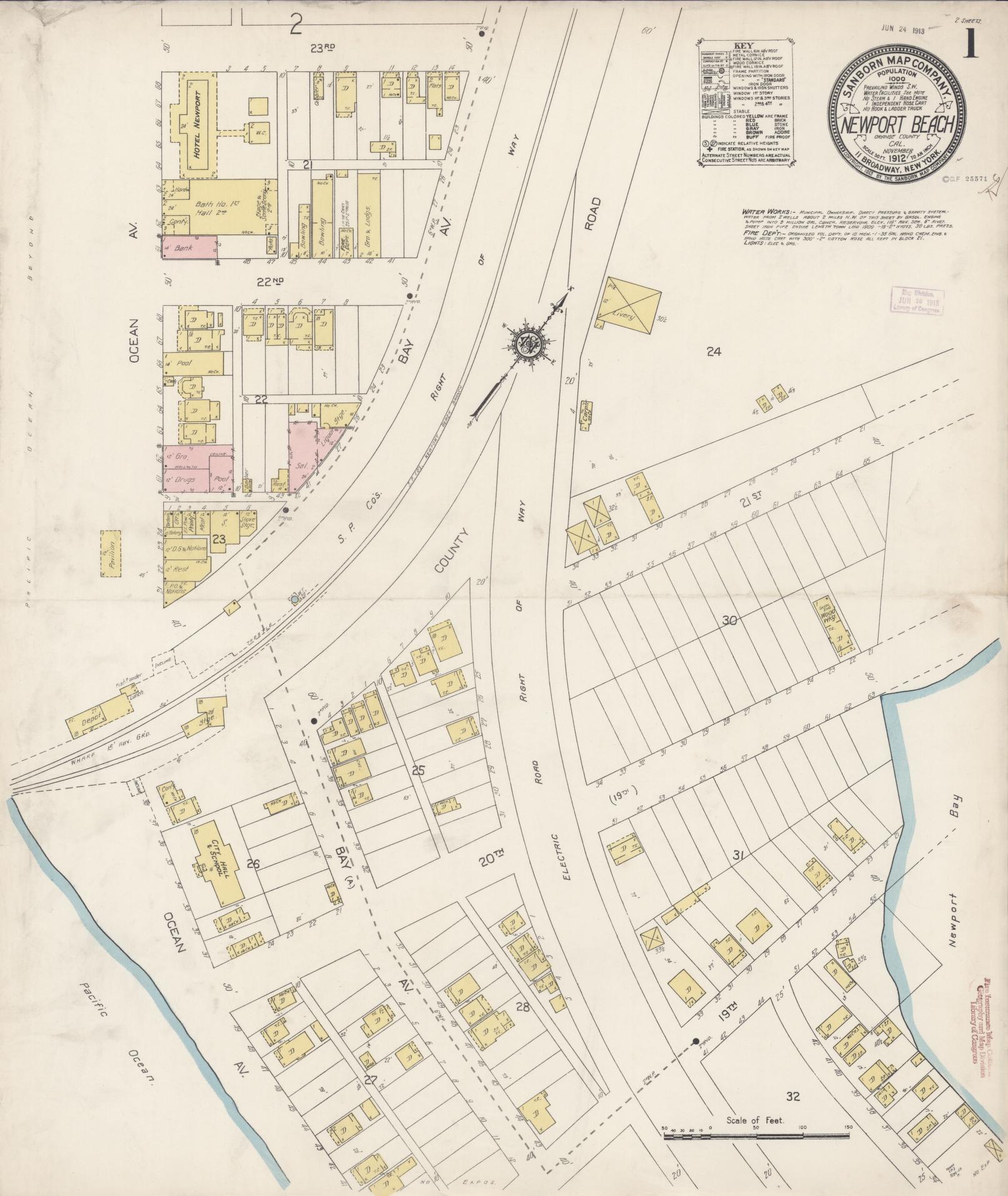 Sanborn Fire Insurance Map from Newport Beach, Orange County, California (1912), Sheet #0001 - Historic Sanborn Fire Insurance Map Print, vintage old map wall art, antique decor, genealogy gift, California California map