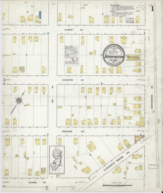 Sanborn Fire Insurance Map from Barrington, Camden County, New Jersey (1917), Sheet #0001 - Historic Sanborn Fire Insurance Map Print, vintage old map wall art, antique decor, genealogy gift, New Jersey New Jersey map