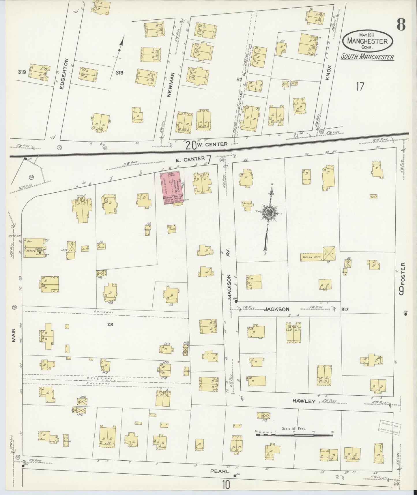 Sanborn Fire Insurance Map from Manchester, Hartford County, Connecticut (1911), Sheet #0008 - Complete Map Set gallery image, historic Sanborn map, vintage wall art, Connecticut Connecticut