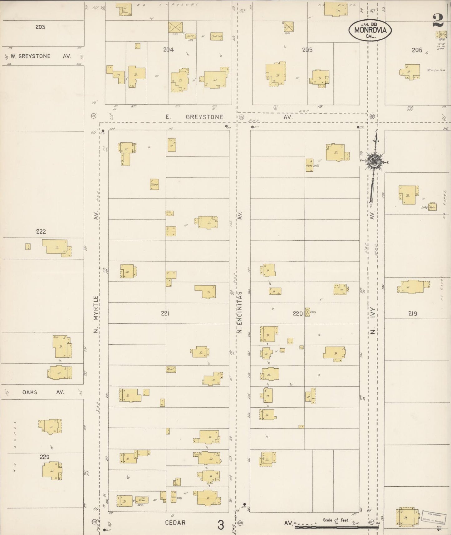Sanborn Fire Insurance Map from Monrovia, Los Angeles County, California (1913), Sheet #0002 - Historic Sanborn Fire Insurance Map Print, vintage old map wall art, antique decor, genealogy gift, California California map