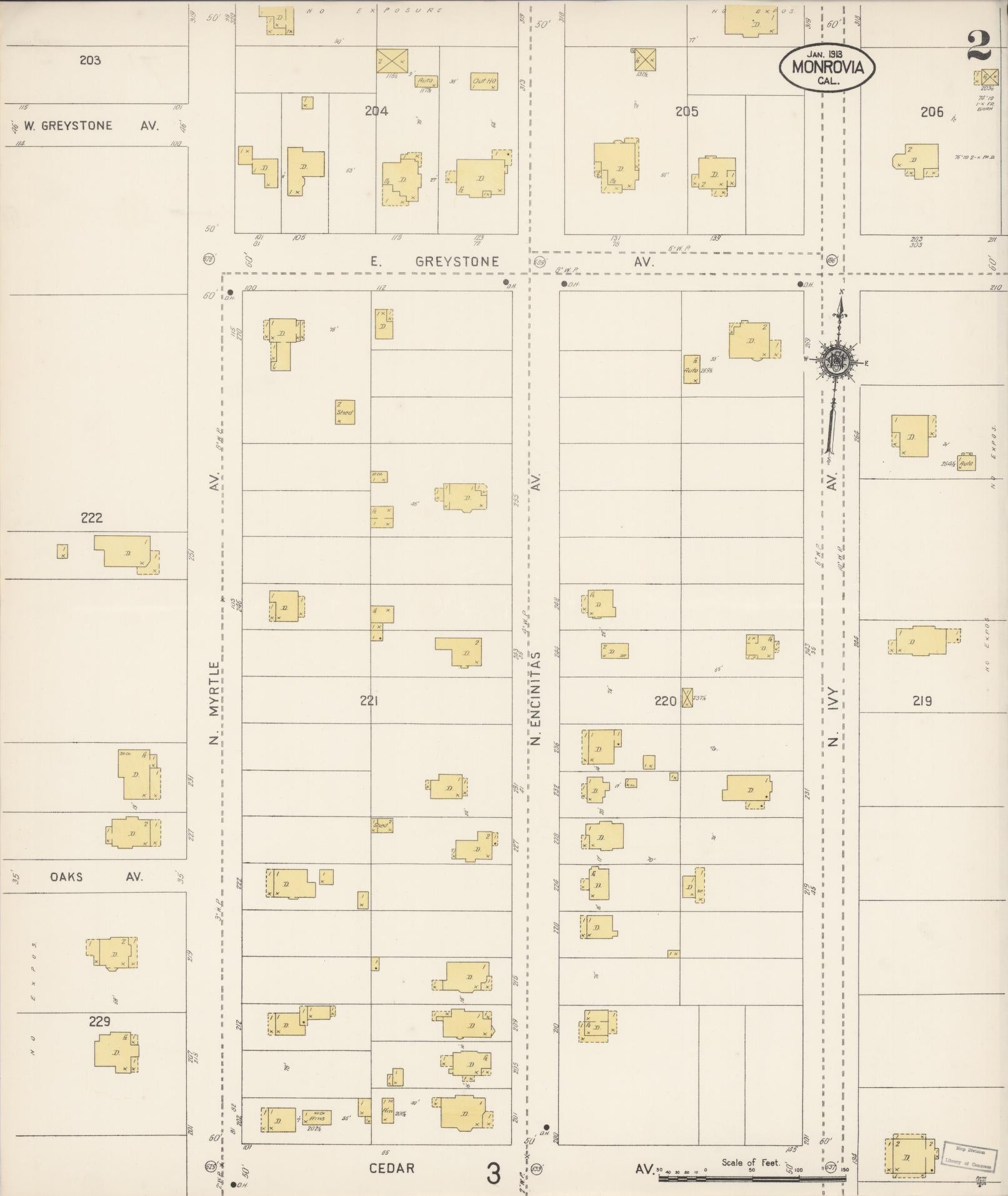 Sanborn Fire Insurance Map from Monrovia, Los Angeles County, California (1913), Sheet #0002 - Historic Sanborn Fire Insurance Map Print, vintage old map wall art, antique decor, genealogy gift, California California map