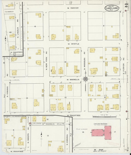 Sanborn Fire Insurance Map from Lakeland, Polk County, Florida (1917), Sheet #0002 - Historic Sanborn Fire Insurance Map Print, vintage old map wall art, antique decor, genealogy gift, Florida Florida map