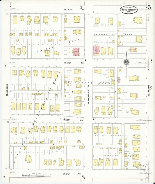 Sanborn Fire Insurance Map from Hutchinson, Reno County, Kansas (1909), Sheet #0005 - Historic Sanborn Fire Insurance Map Print, vintage old map wall art, antique decor, genealogy gift, Kansas Kansas map