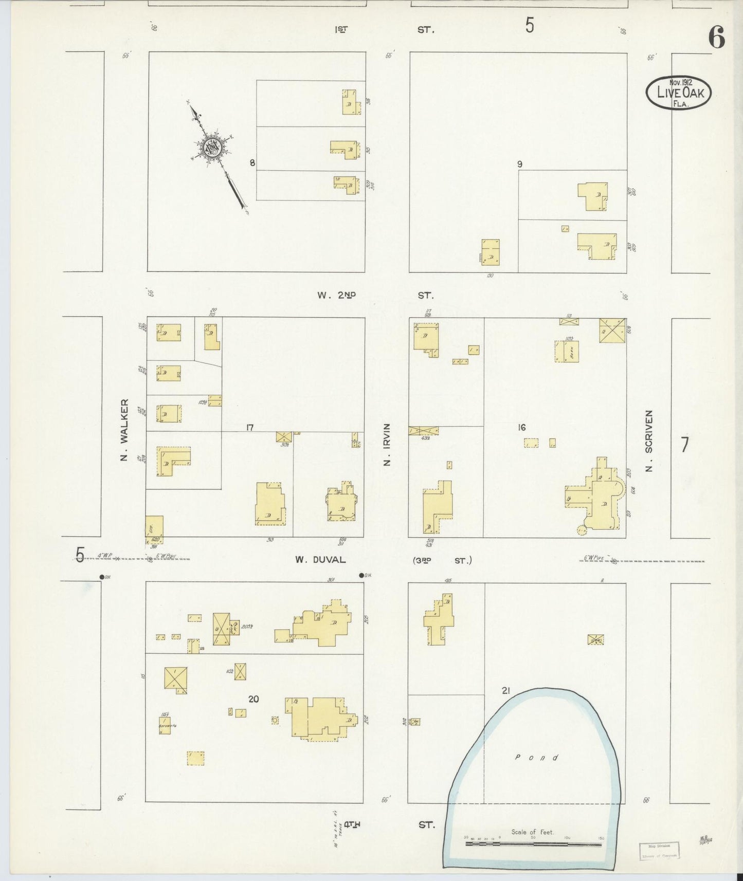Sanborn Fire Insurance Map from Live Oak, Suwanee County, Florida (1912), Sheet #0006 - Historic Sanborn Fire Insurance Map Print, vintage old map wall art, antique decor, genealogy gift, Florida Florida map