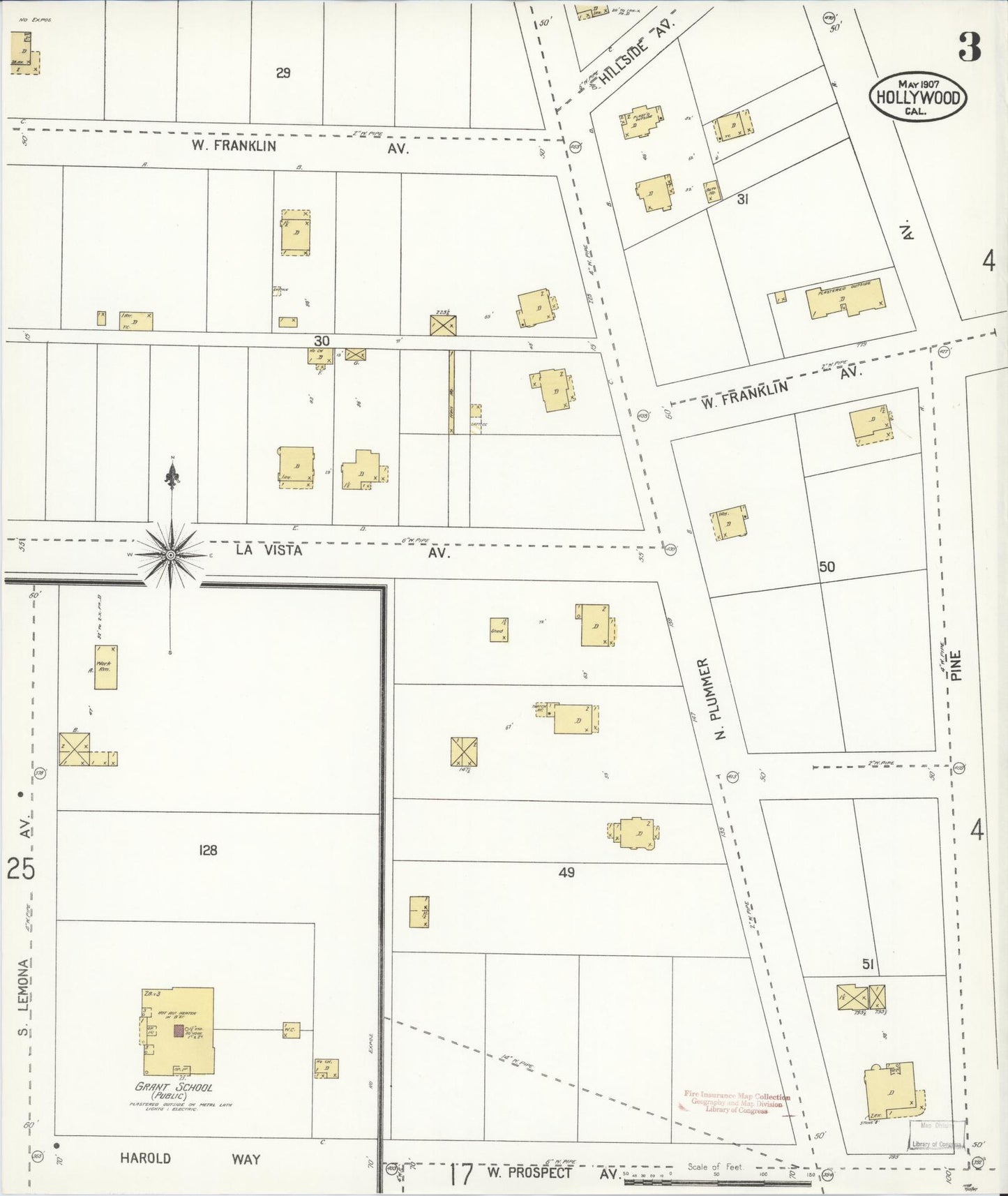 Sanborn Fire Insurance Map from Hollywood, Los Angeles County, California (1907), Sheet #0003 - Complete Map Set gallery image, historic Sanborn map, vintage wall art, California California