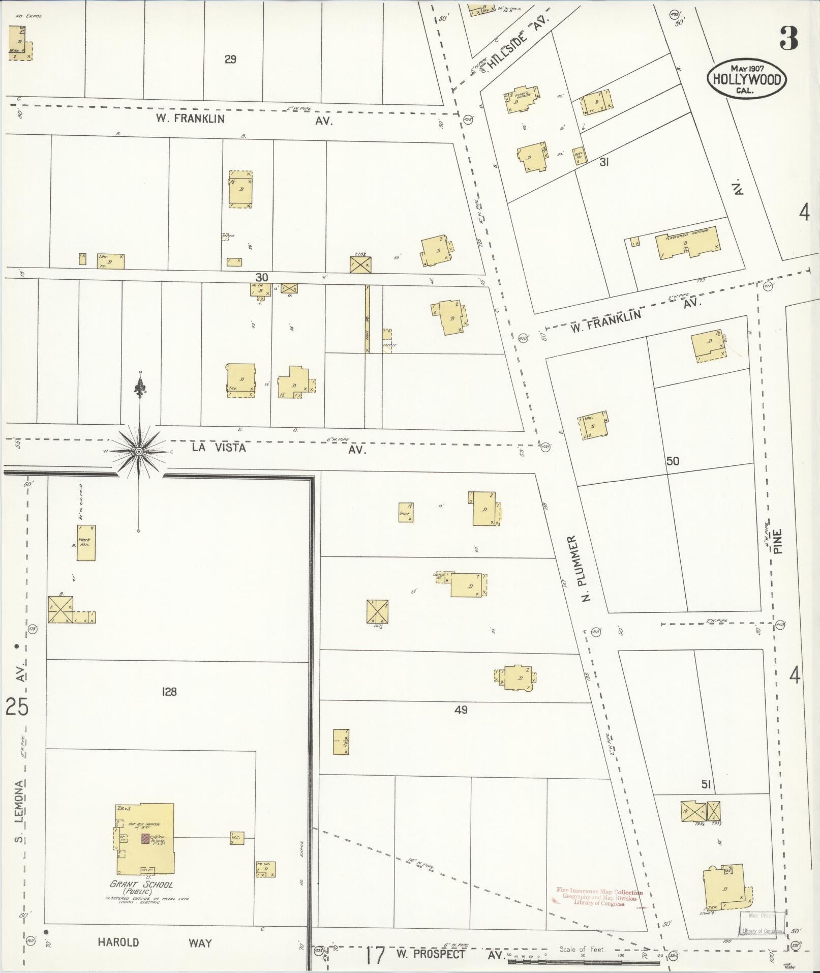 Sanborn Fire Insurance Map from Hollywood, Los Angeles County, California (1907), Sheet #0003 - Complete Map Set gallery image, historic Sanborn map, vintage wall art, California California