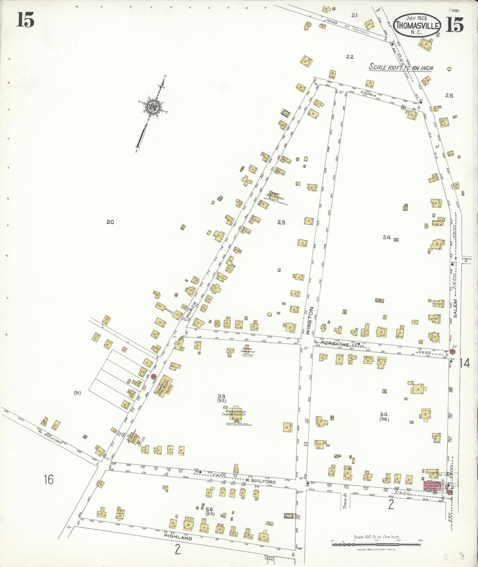 Sanborn Fire Insurance Map from Thomasville, Davidson County, North Carolina (1923), Sheet #0015 - Historic Sanborn Fire Insurance Map Print, vintage old map wall art, antique decor, genealogy gift, North Carolina North Carolina map