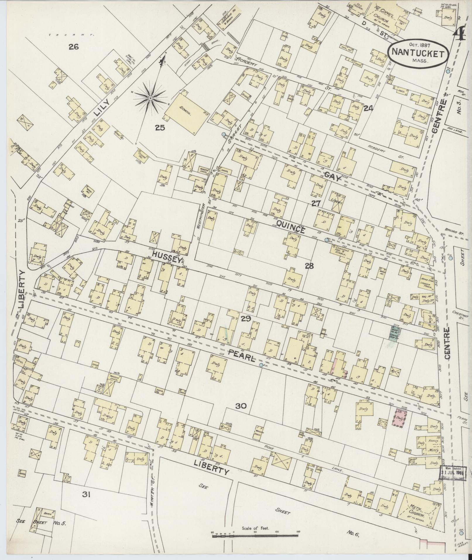 Sanborn Fire Insurance Map from Nantucket, Nantucket County, Massachusetts (1887), Sheet #0004 - Historic Sanborn Fire Insurance Map Print, vintage old map wall art, antique decor, genealogy gift, Massachusetts Massachusetts map