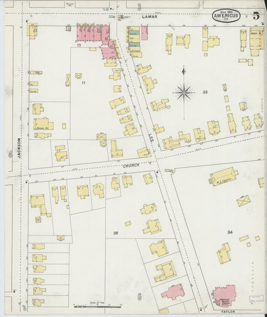 Sanborn Fire Insurance Map from Americus, Sumter County, Georgia (1895), Sheet #0005 - Historic Sanborn Fire Insurance Map Print, vintage old map wall art, antique decor, genealogy gift, Georgia Georgia map