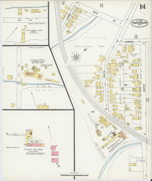 Sanborn Fire Insurance Map from Parkersburg, Wood County, West Virginia (1898), Sheet #0014 - Historic Sanborn Fire Insurance Map Print, vintage old map wall art, antique decor, genealogy gift, West Virginia West Virginia map