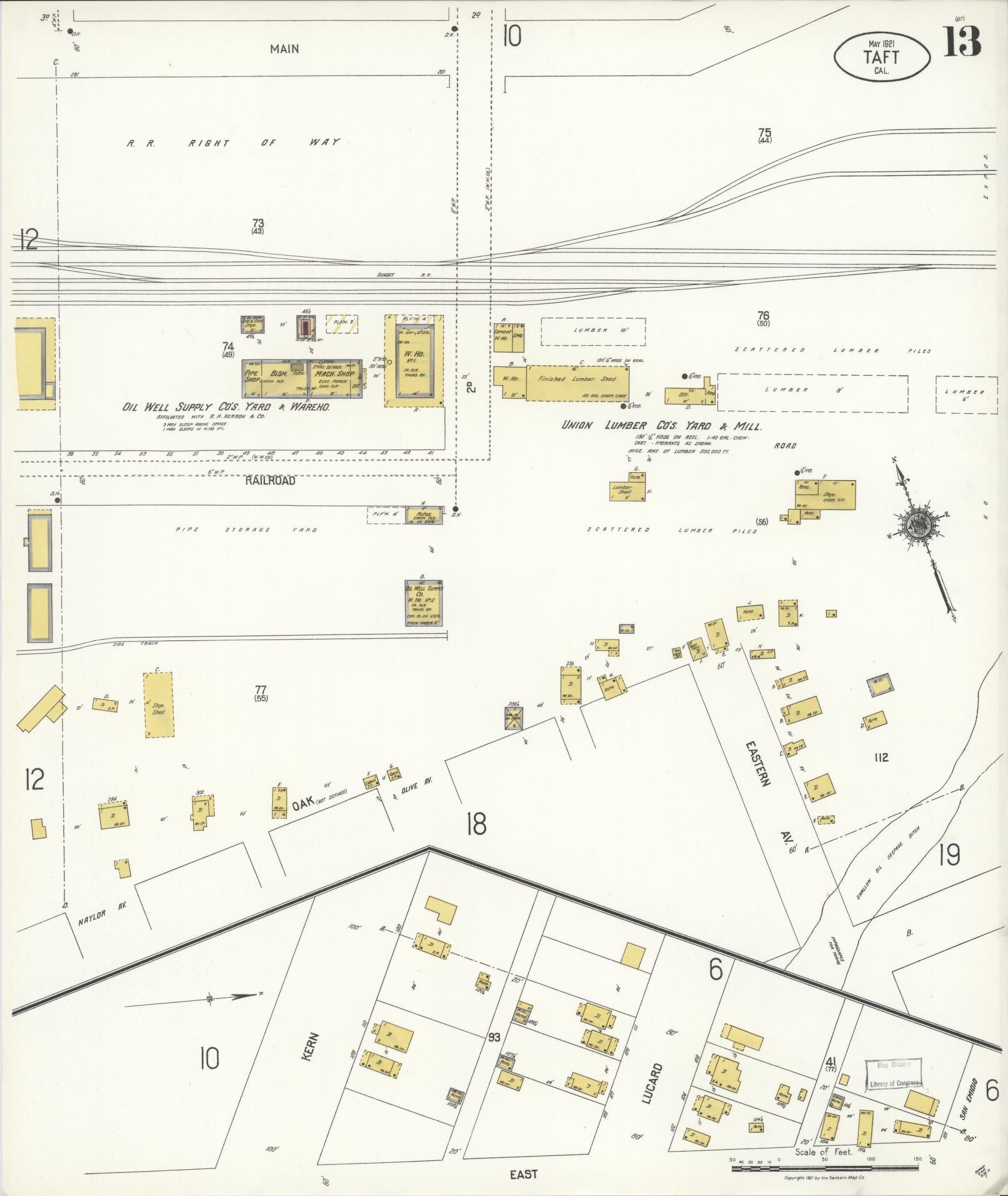 Sanborn Fire Insurance Map from Taft, Kern County, California (1921), Sheet #0013 - Complete Map Set gallery image, historic Sanborn map, vintage wall art, California California