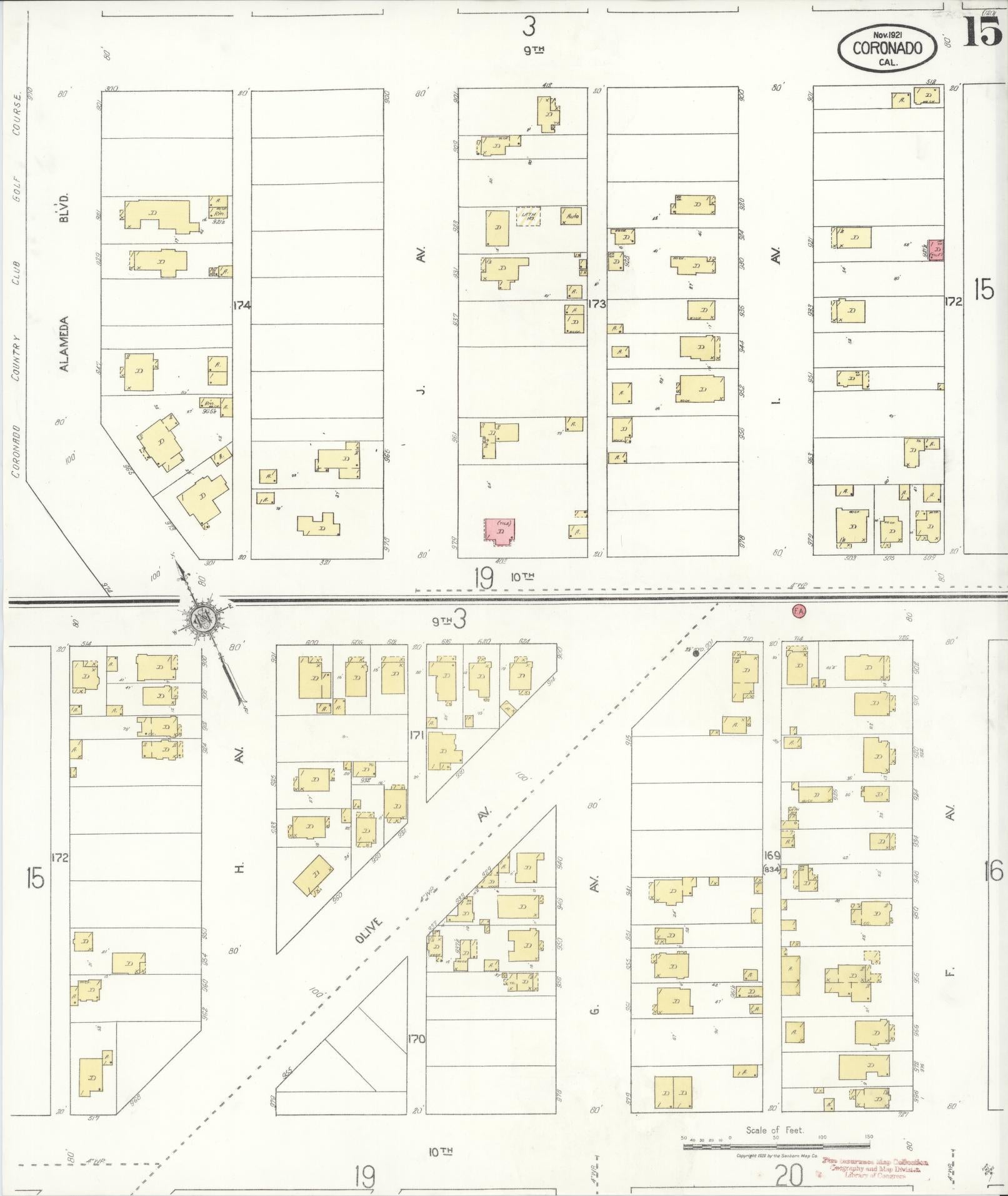 Sanborn Fire Insurance Map from Coronado, San Diego County, California (1921), Sheet #0015 - Historic Sanborn Fire Insurance Map Print, vintage old map wall art, antique decor, genealogy gift, California California map