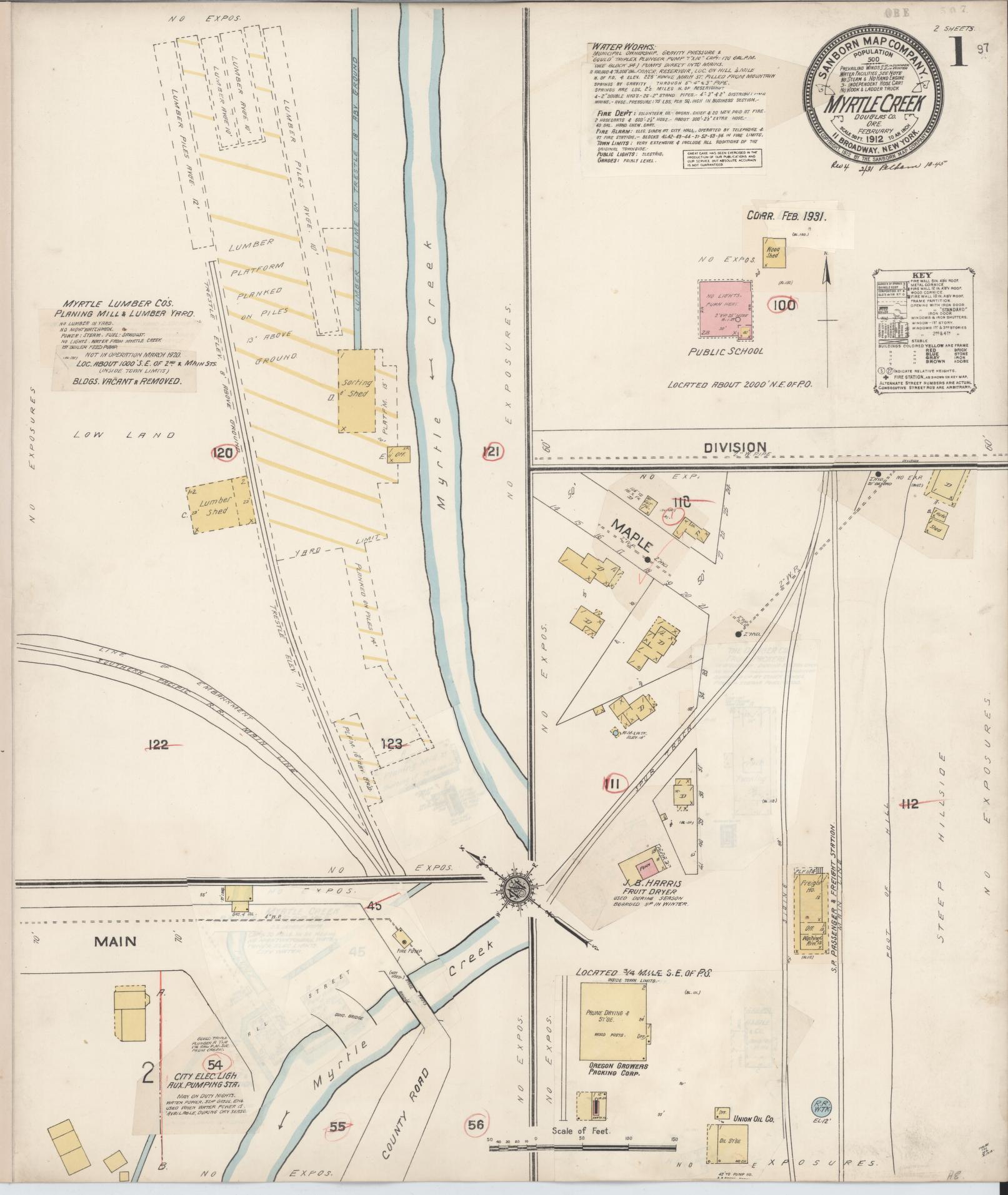 Sanborn Fire Insurance Map from Myrtle Creek, Douglas County, Oregon (1931), Sheet #0001 - Complete Map Set gallery image, historic Sanborn map, vintage wall art, Oregon Oregon