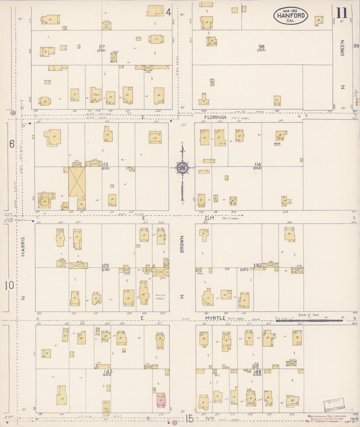 Sanborn Fire Insurance Map from Hanford, Kings County, California (1913), Sheet #0011 - Complete Map Set gallery image, historic Sanborn map, vintage wall art, California California