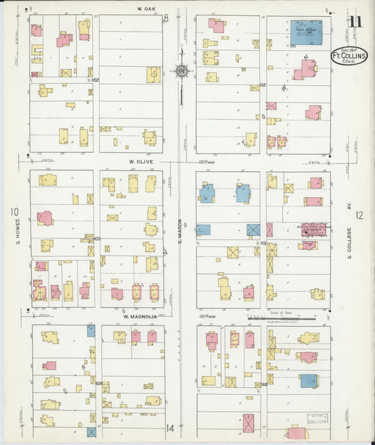 Sanborn Fire Insurance Map from Fort Collins, Larimer County, Colorado (1917), Sheet #0011 - Historic Sanborn Fire Insurance Map Print, vintage old map wall art, antique decor, genealogy gift, Colorado Colorado map