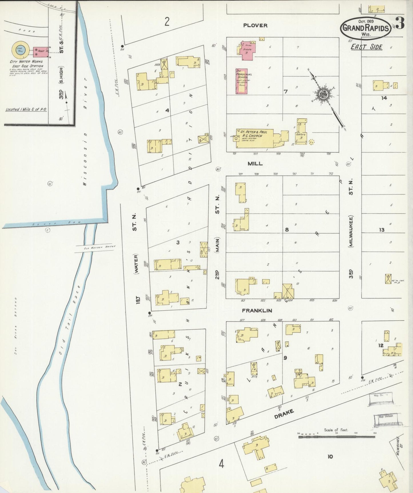 Sanborn Fire Insurance Map from Grand Rapids, Wood County, Wisconsin (1909), Sheet #0003 - Historic Sanborn Fire Insurance Map Print, vintage old map wall art, antique decor, genealogy gift, Wisconsin Wisconsin map