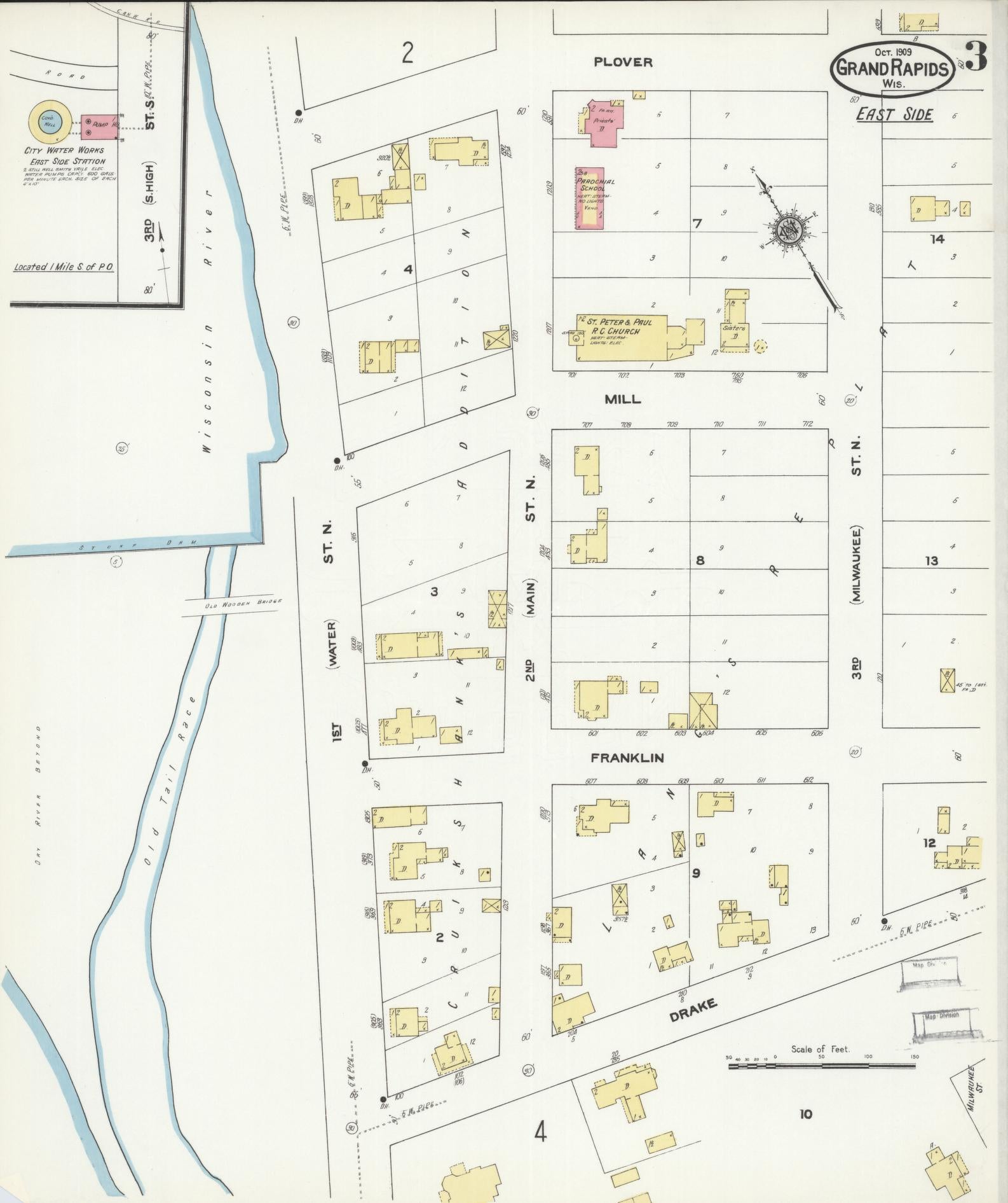 Sanborn Fire Insurance Map from Grand Rapids, Wood County, Wisconsin (1909), Sheet #0003 - Historic Sanborn Fire Insurance Map Print, vintage old map wall art, antique decor, genealogy gift, Wisconsin Wisconsin map