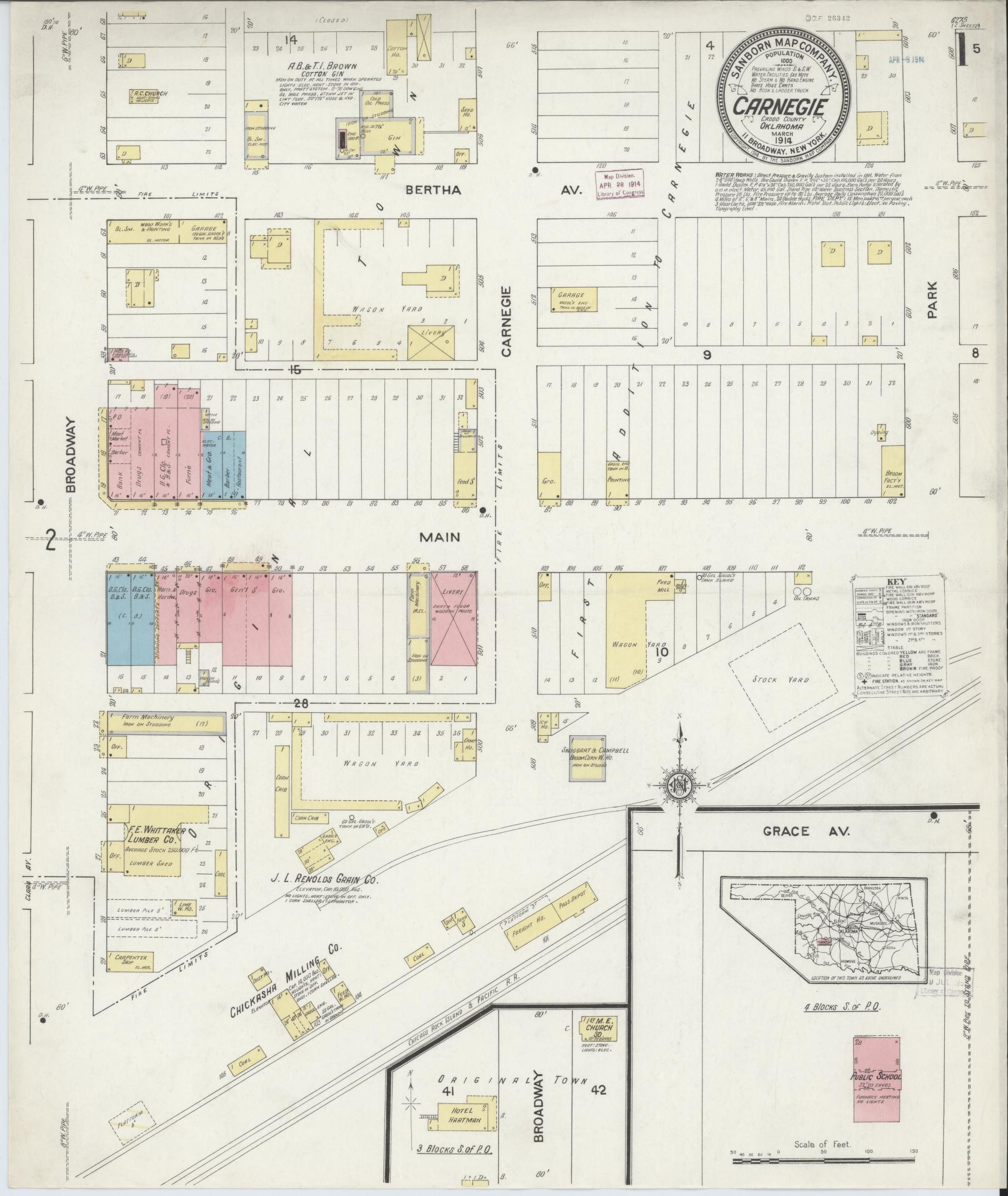 Sanborn Fire Insurance Map from Carnegie, Caddo County, Oklahoma (1914), Sheet #0001 - Historic Sanborn Fire Insurance Map Print, vintage old map wall art, antique decor, genealogy gift, Oklahoma Oklahoma map