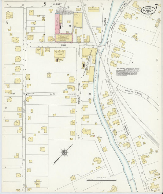 Sanborn Fire Insurance Map from Marion, Smyth County, Virginia (1913), Sheet #0007 - Historic Sanborn Fire Insurance Map Print, vintage old map wall art, antique decor, genealogy gift, Virginia Virginia map