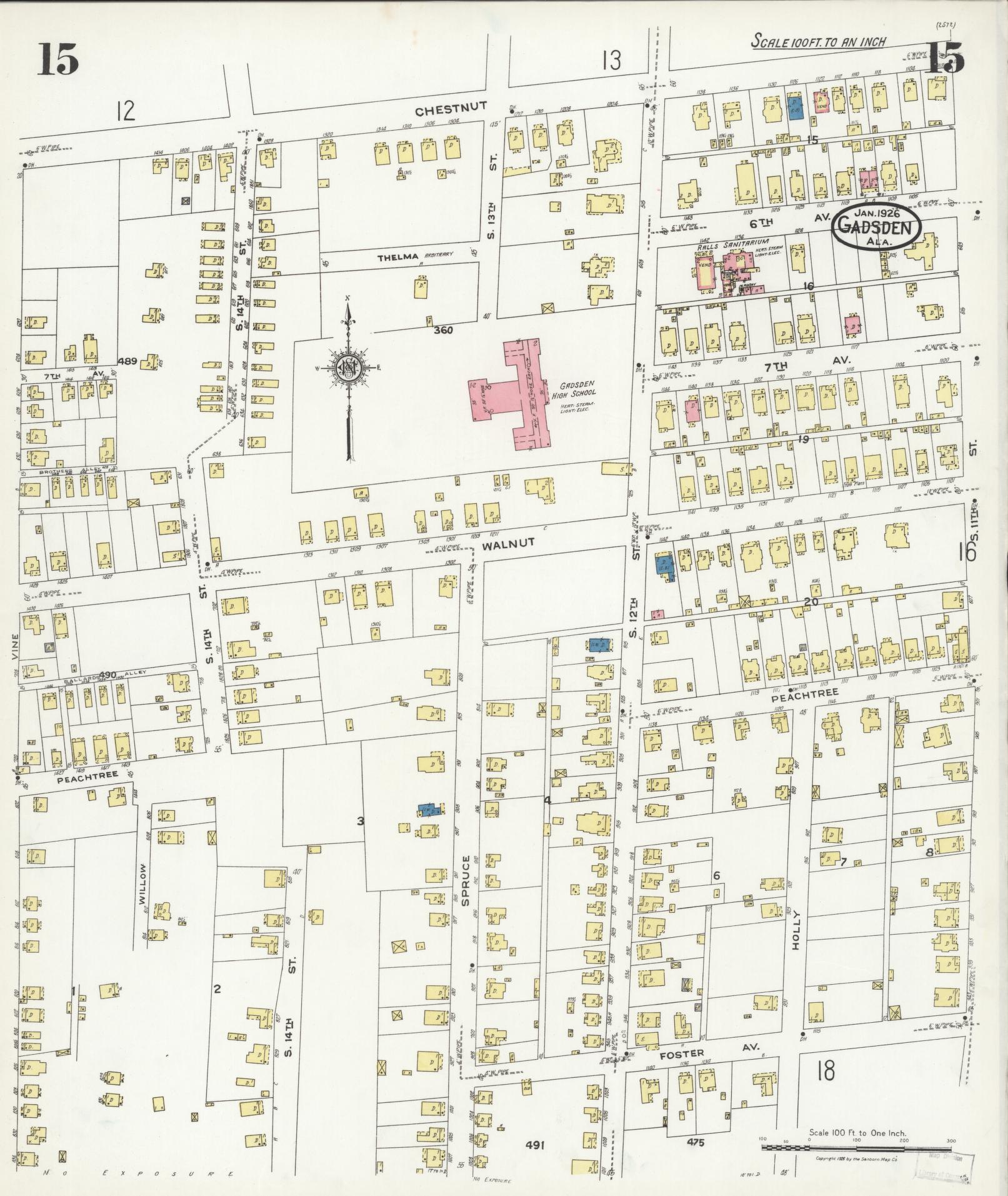 Sanborn Fire Insurance Map from Gadsden, Etowah County, Alabama (1926), Sheet #0015 - Complete Map Set gallery image, historic Sanborn map, vintage wall art, Alabama Alabama