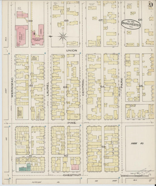 Sanborn Fire Insurance Map from Manchester, Hillsborough County, New Hampshire (1885), Sheet #0009 - Historic Sanborn Fire Insurance Map Print, vintage old map wall art, antique decor, genealogy gift, New Hampshire New Hampshire map
