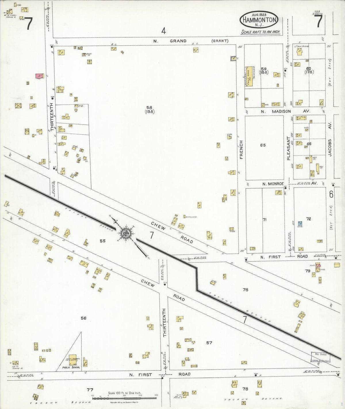 Sanborn Fire Insurance Map from Hammonton, Atlantic County, New Jersey (1923), Sheet #0007 - Historic Sanborn Fire Insurance Map Print, vintage old map wall art, antique decor, genealogy gift, New Jersey New Jersey map
