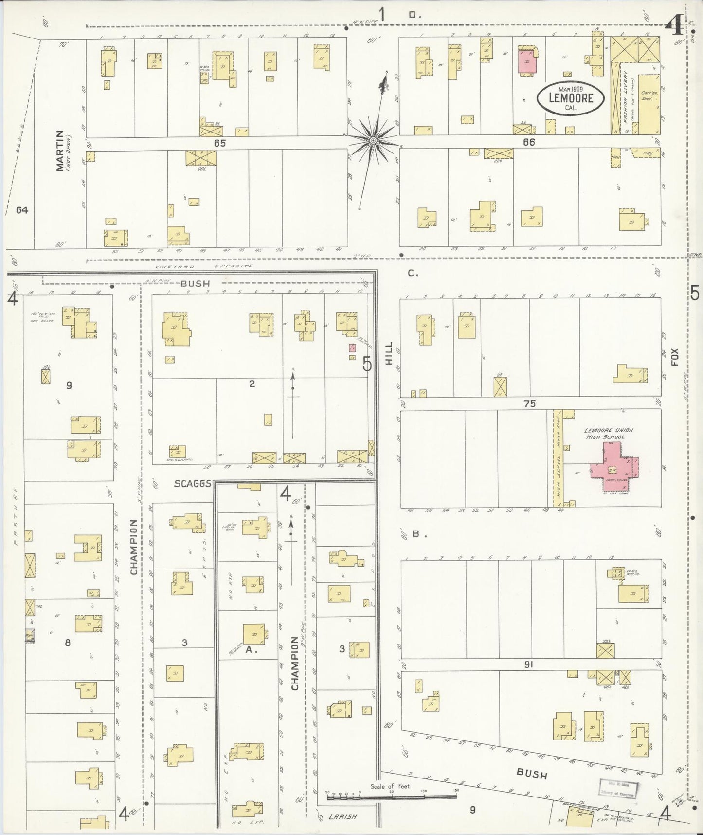 Sanborn Fire Insurance Map from Lemoore, Kings County, California (1909), Sheet #0004 - Complete Map Set gallery image, historic Sanborn map, vintage wall art, California California