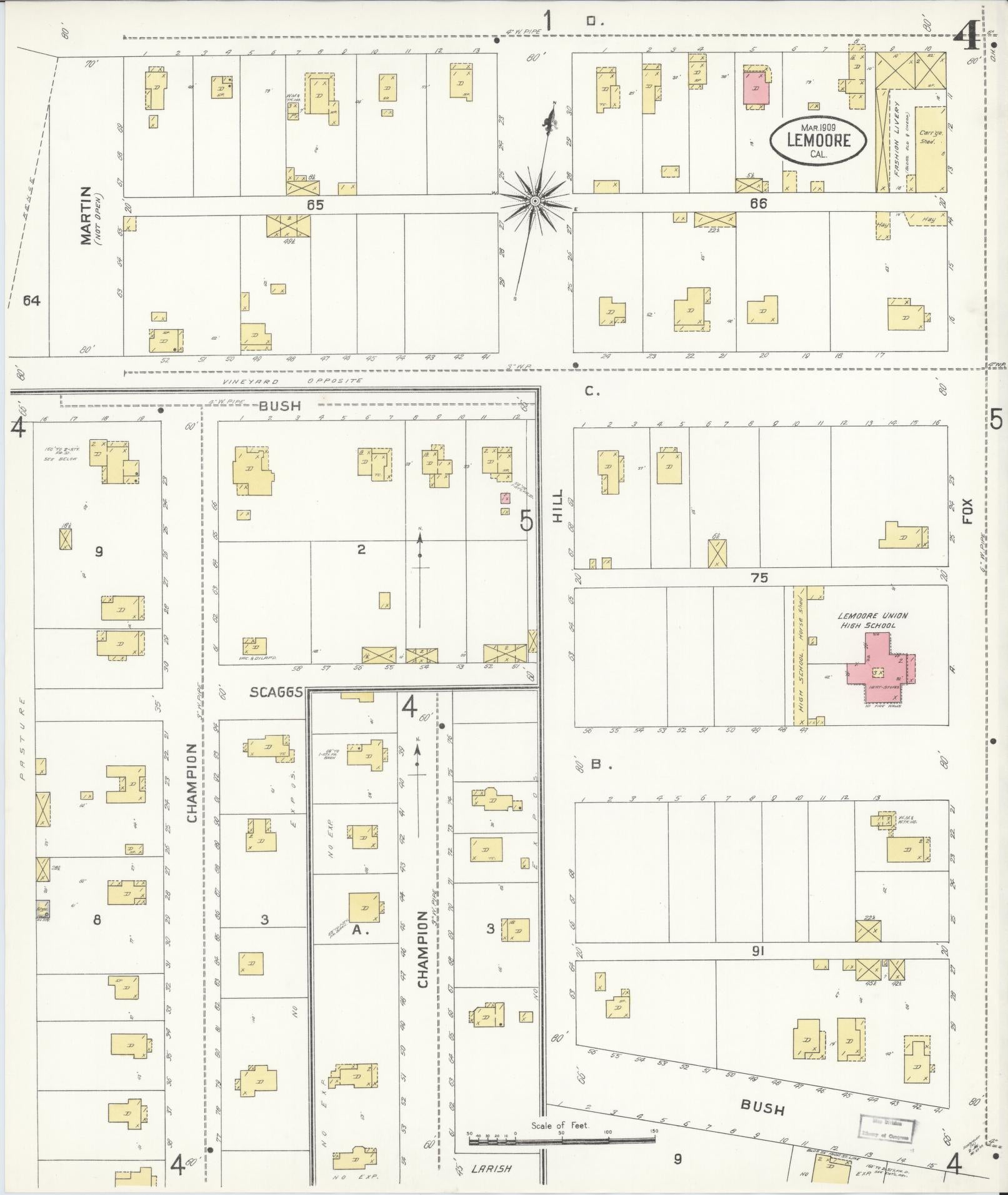 Sanborn Fire Insurance Map from Lemoore, Kings County, California (1909), Sheet #0004 - Complete Map Set gallery image, historic Sanborn map, vintage wall art, California California