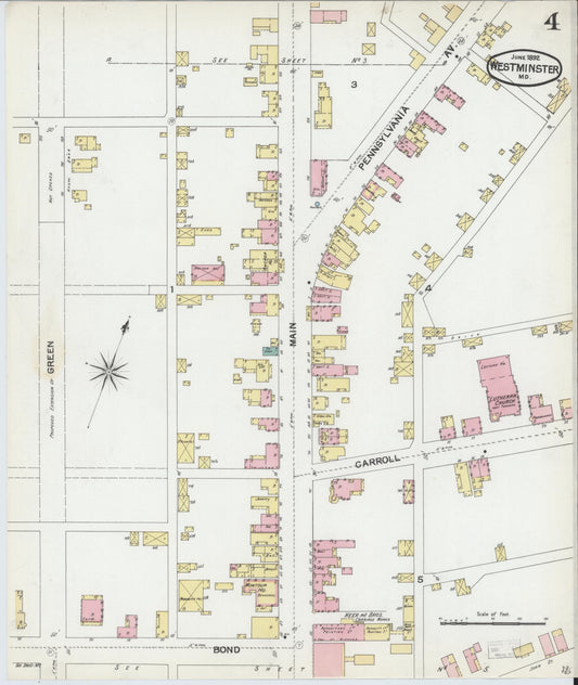 Sanborn Fire Insurance Map from Westminster, Carroll County, Maryland (1892), Sheet #0004 - Historic Sanborn Fire Insurance Map Print, vintage old map wall art