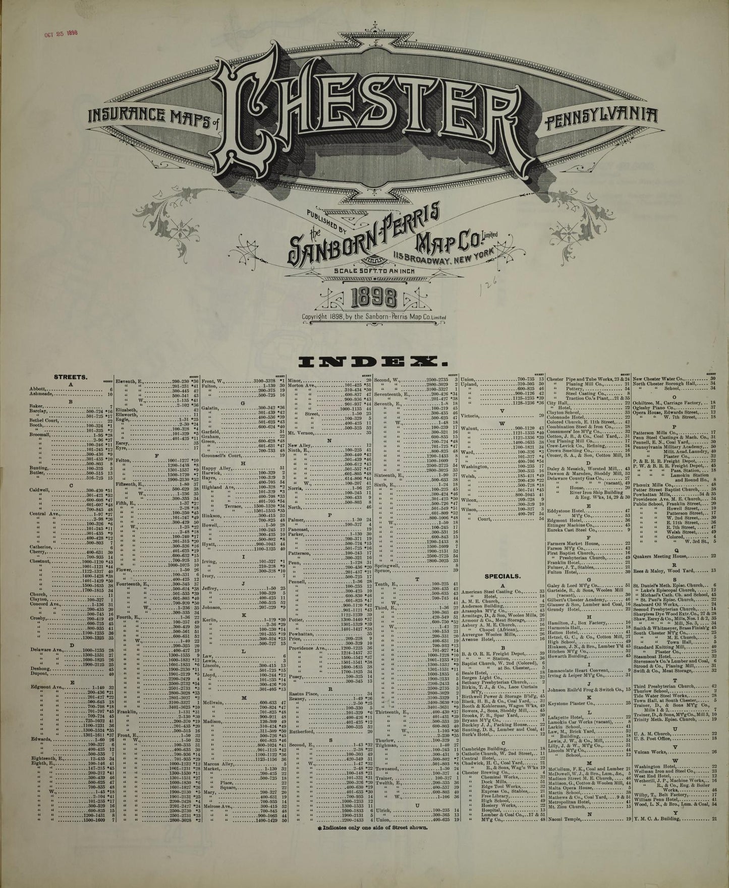 Sanborn Fire Insurance Map from Chester, Delaware County, Pennsylvania (1898), Sheet #0001 - Historic Sanborn Fire Insurance Map Print, vintage old map wall art, antique decor, genealogy gift, Pennsylvania Pennsylvania map