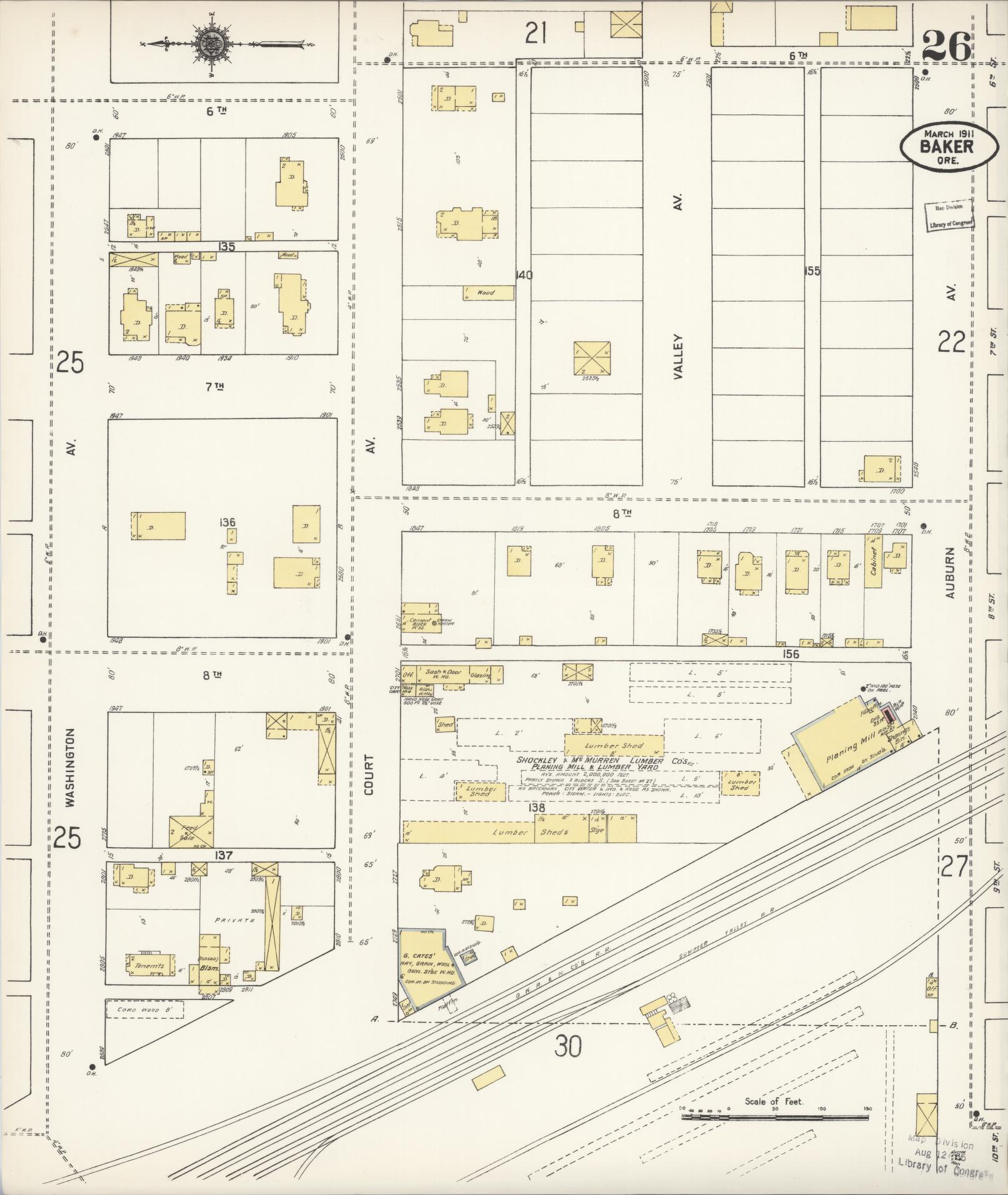 Sanborn Fire Insurance Map from Baker, Baker County, Oregon (1911), Sheet #0026 - Historic Sanborn Fire Insurance Map Print, vintage old map wall art, antique decor, genealogy gift, Oregon Oregon map