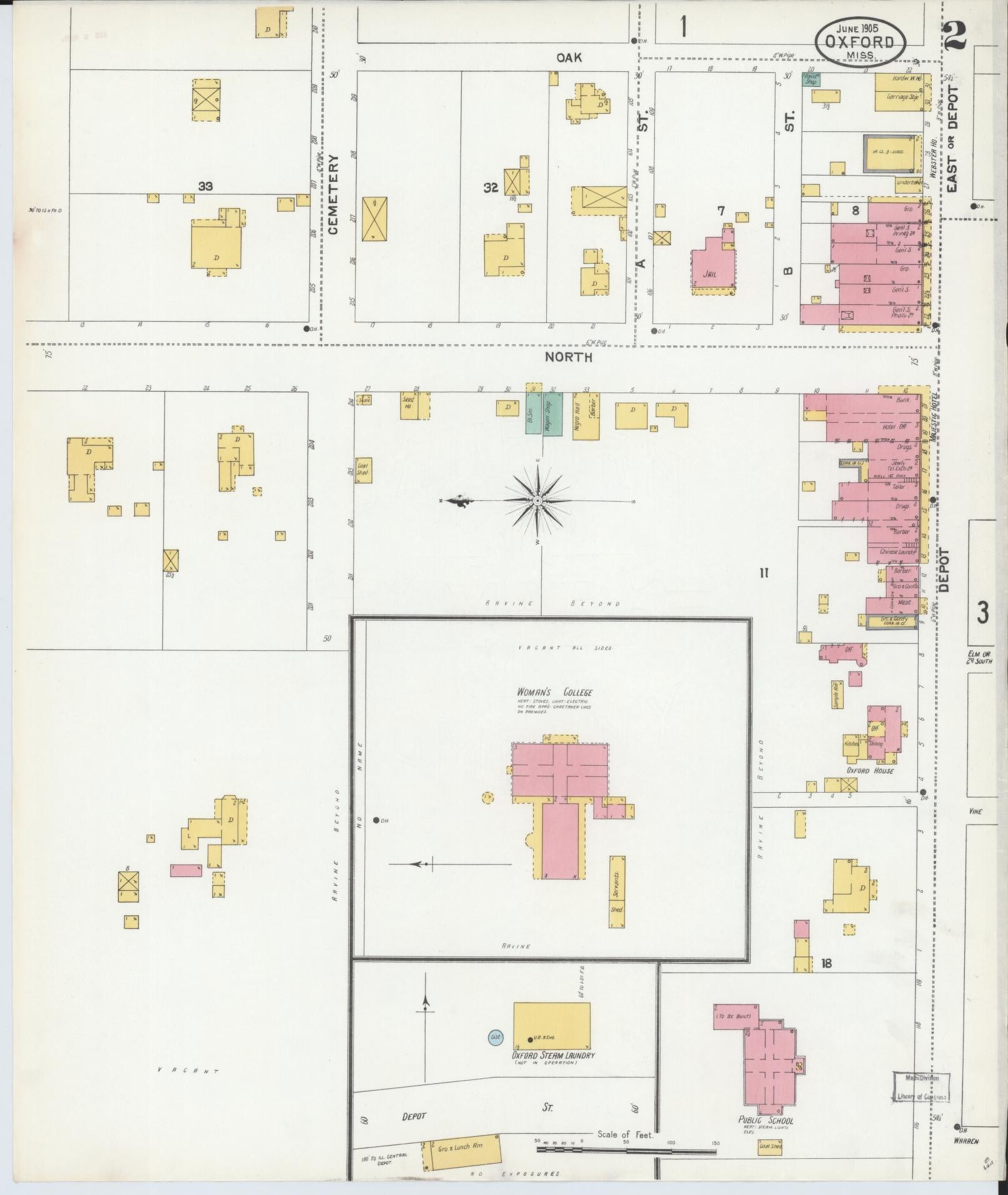 Sanborn Fire Insurance Map from Oxford, Lafayette County, Mississippi (1905), Sheet #0002 - Complete Map Set gallery image, historic Sanborn map, vintage wall art, Mississippi Mississippi
