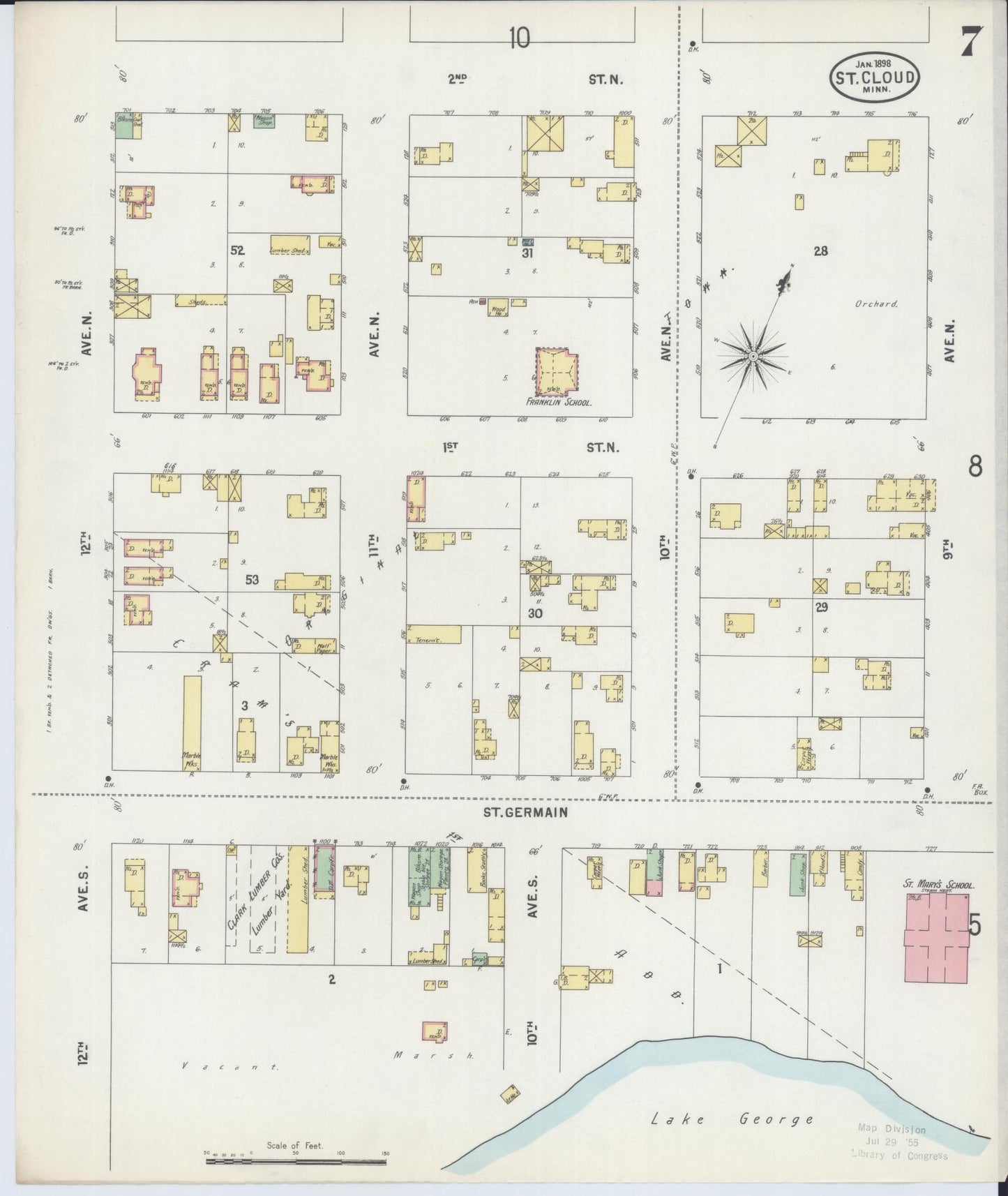 Sanborn Fire Insurance Map from Saint Cloud, Stearns, Benton, and Sherburne Counties, Minnesota (1898), Sheet #0007 - Historic Sanborn Fire Insurance Map Print, vintage old map wall art, antique decor, genealogy gift, Minnesota Minnesota map