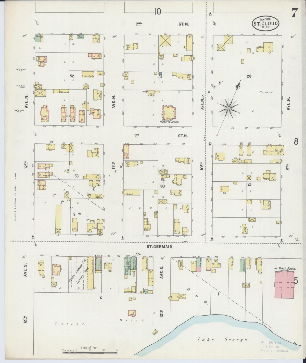 Sanborn Fire Insurance Map from Saint Cloud, Stearns, Benton, and Sherburne Counties, Minnesota (1898), Sheet #0007 - Historic Sanborn Fire Insurance Map Print, vintage old map wall art, antique decor, genealogy gift, Minnesota Minnesota map