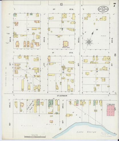 Sanborn Fire Insurance Map from Saint Cloud, Stearns, Benton, and Sherburne Counties, Minnesota (1898), Sheet #0007 - Historic Sanborn Fire Insurance Map Print, vintage old map wall art, antique decor, genealogy gift, Minnesota Minnesota map